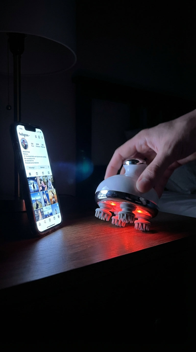 Bedtime scalp massager - red light device replacing phone scrolling at night