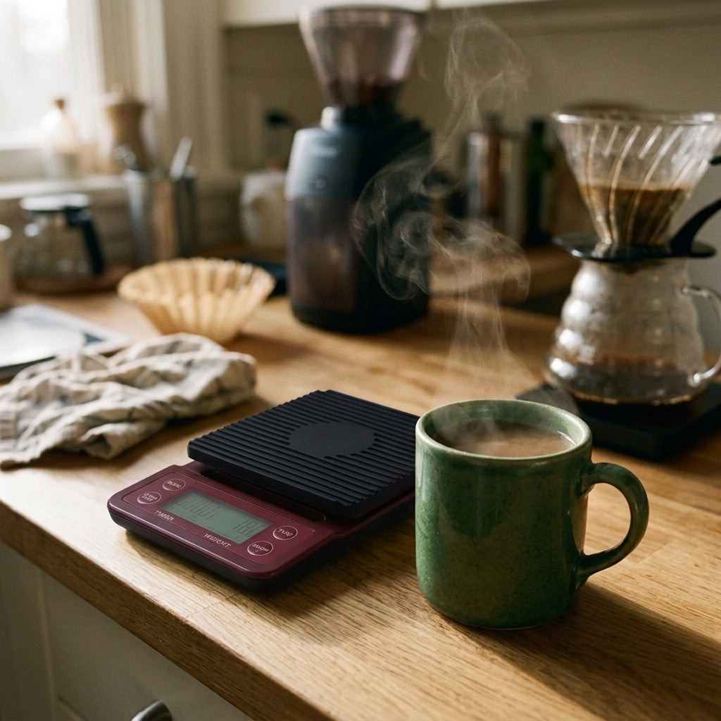 A finished cup of coffee beside the red coffee scale