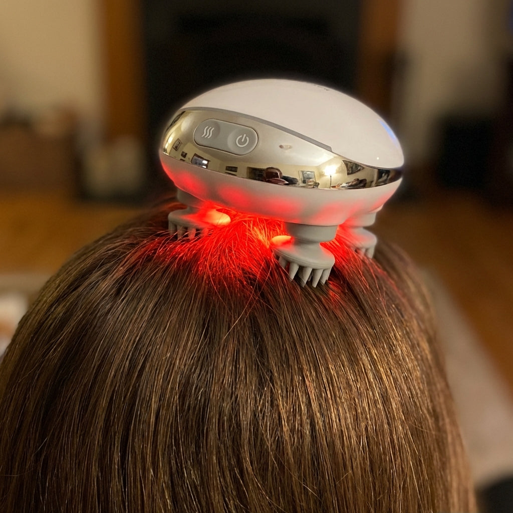 Red light therapy scalp massager - LED glow visible through hair during use
