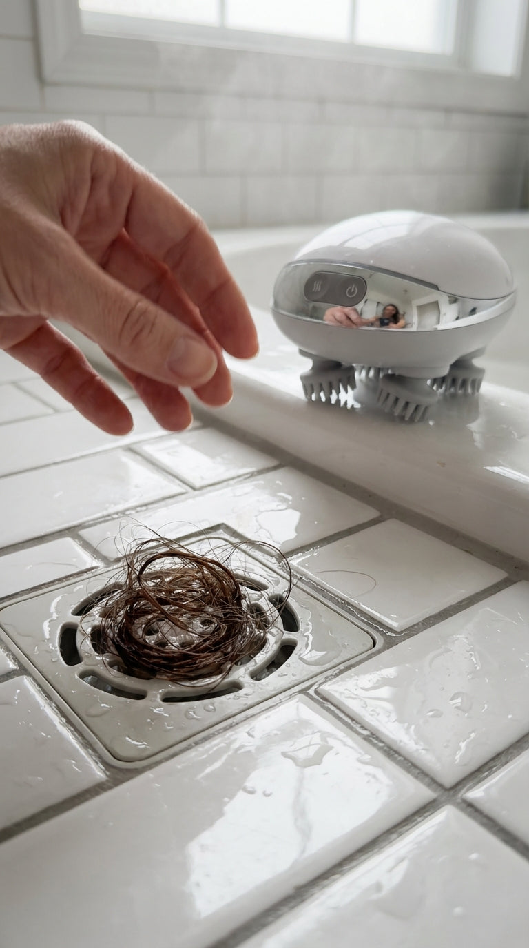 Postpartum hair care - scalp massager on bathtub edge