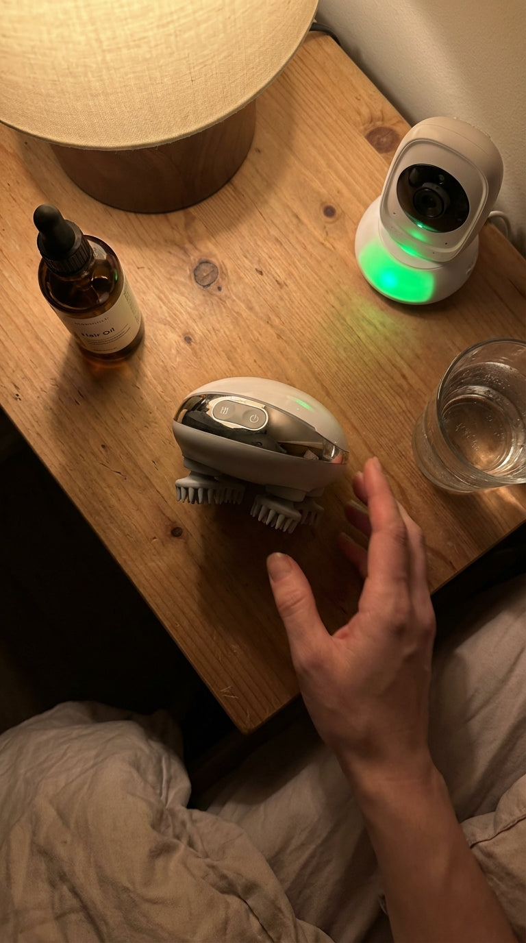 Evening scalp care ritual - scalp massager with hair oil and baby monitor on nightstand