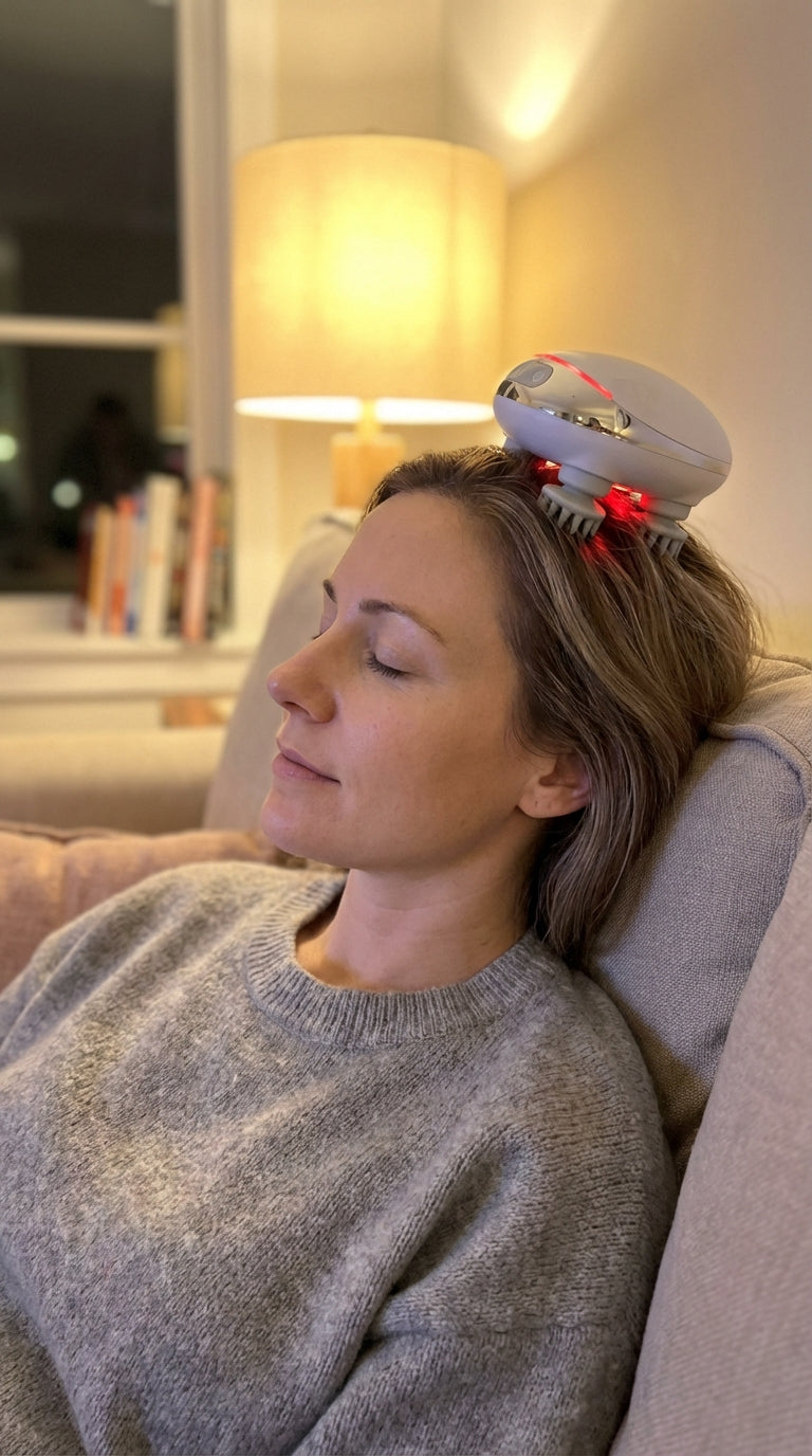Woman relaxing on couch with scalp massager - the 10-minute stress relief ritual