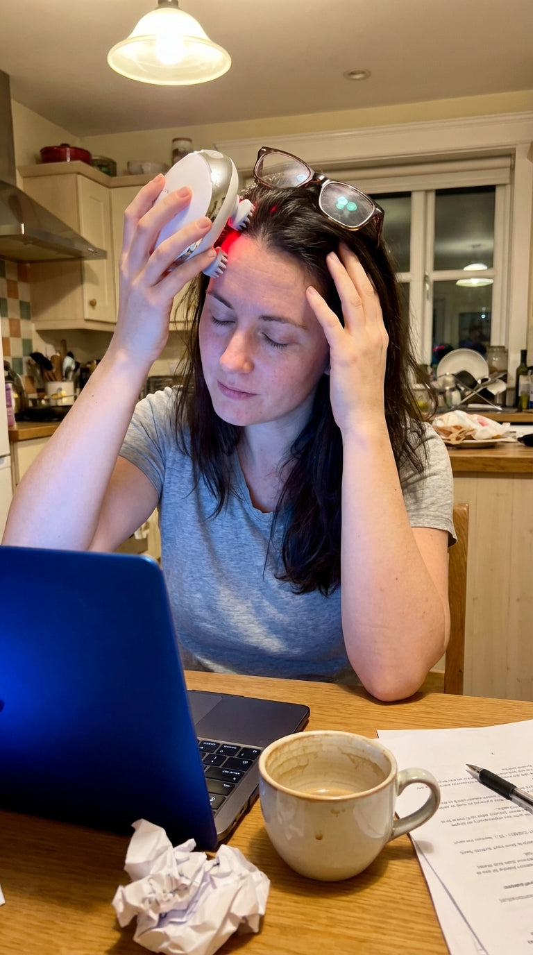Woman using scalp massager at kitchen table - end of day tension relief