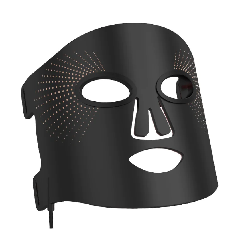 Flexible black silicone LED light therapy face mask, front view with eye and mouth openings