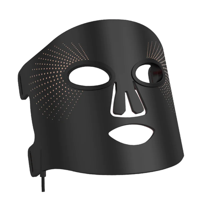Flexible black silicone LED light therapy face mask, front view with eye and mouth openings