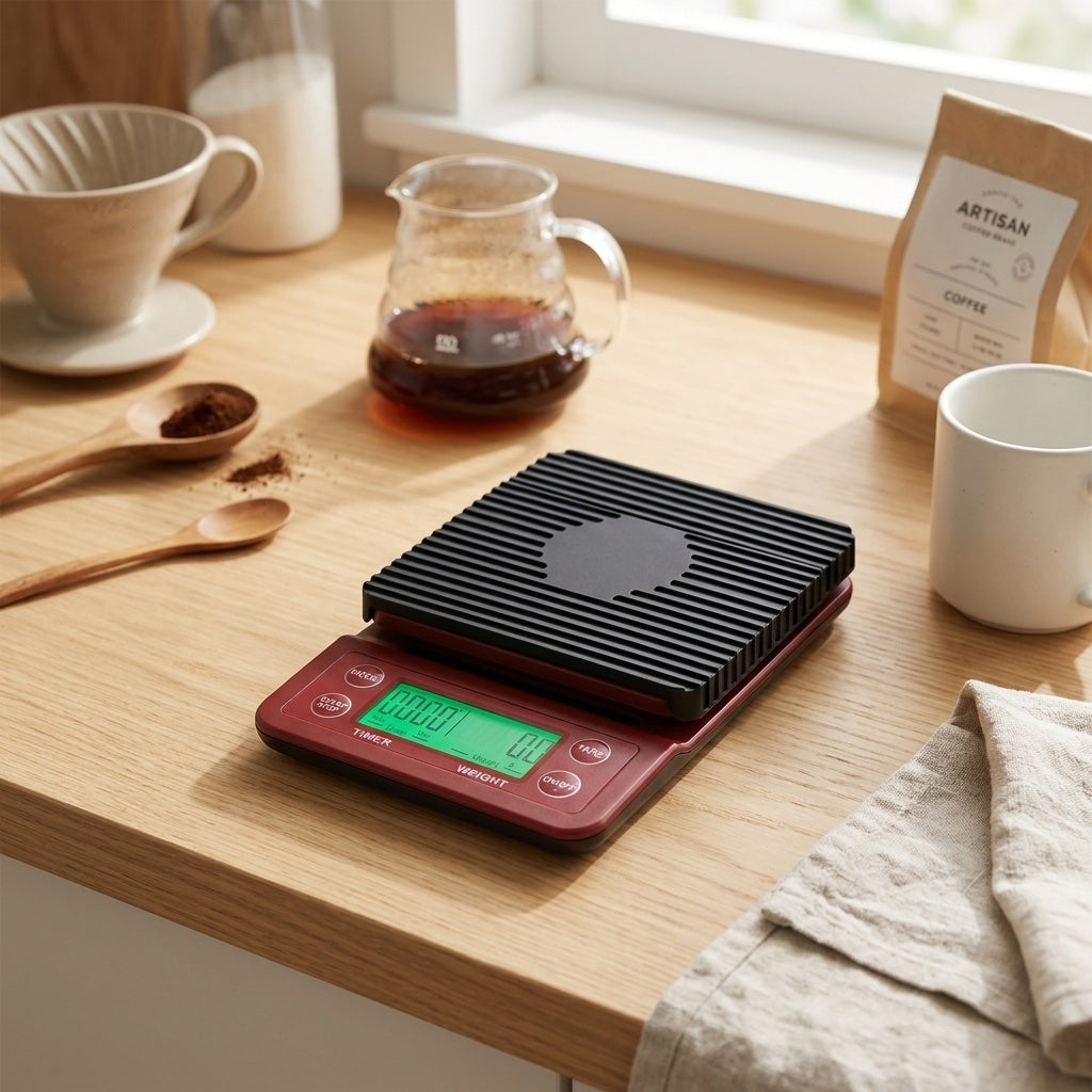 Red coffee scale with timer on a kitchen counter beside coffee beans and a pour-over dripper