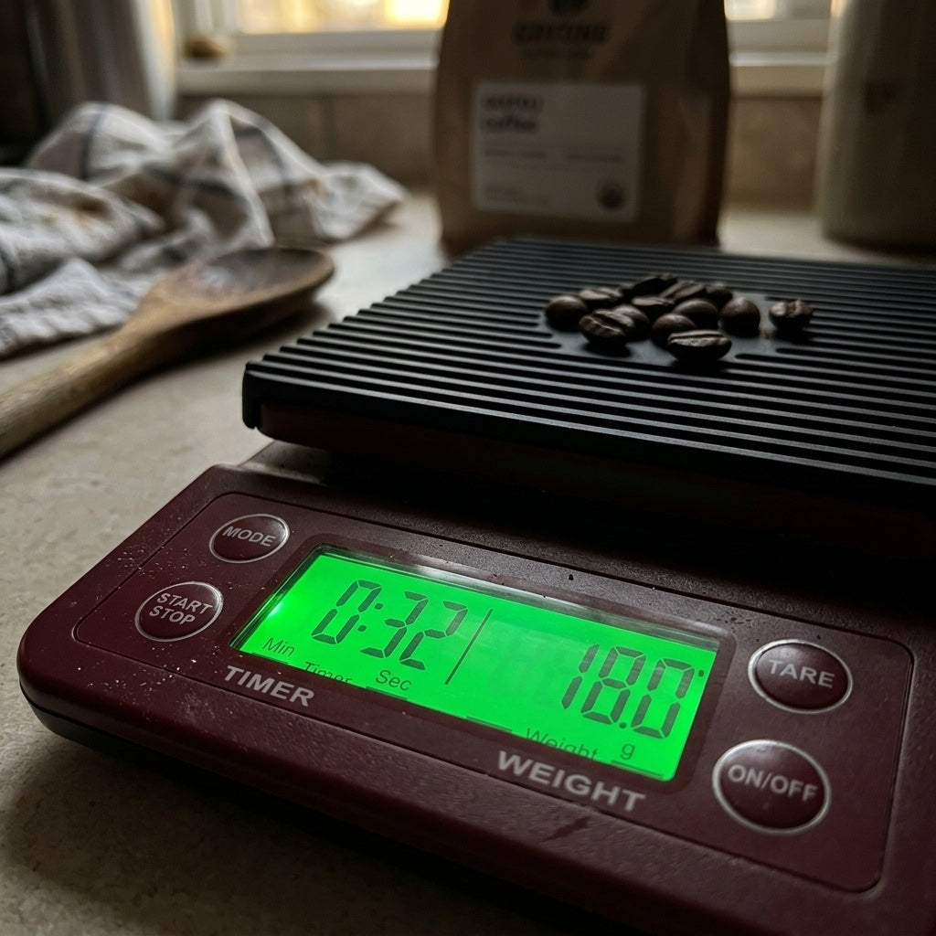 Close-up of the coffee scale backlit display showing brew timer and weight in grams