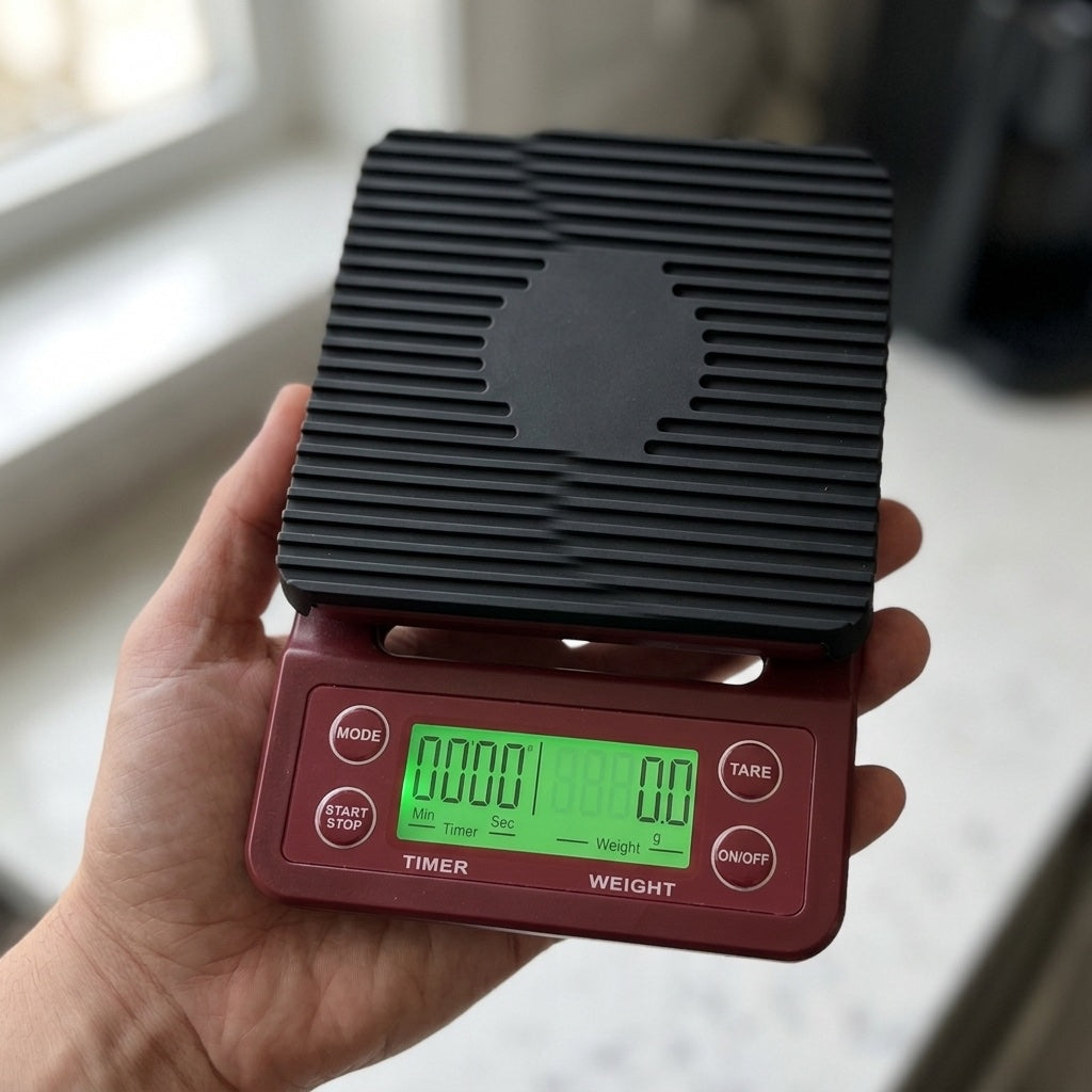 Hand holding the red coffee scale showing the MODE, START/STOP, TARE and ON/OFF buttons