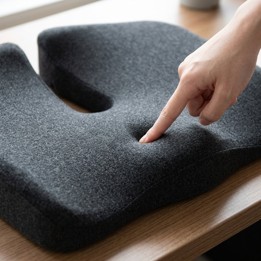 Close-up of the U-shaped coccyx cut-out with a fingertip pressing the dense memory foam to show spring-back