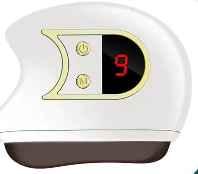 Front view of the heated gua sha showing the digital warmth-level display and stone scraping edge