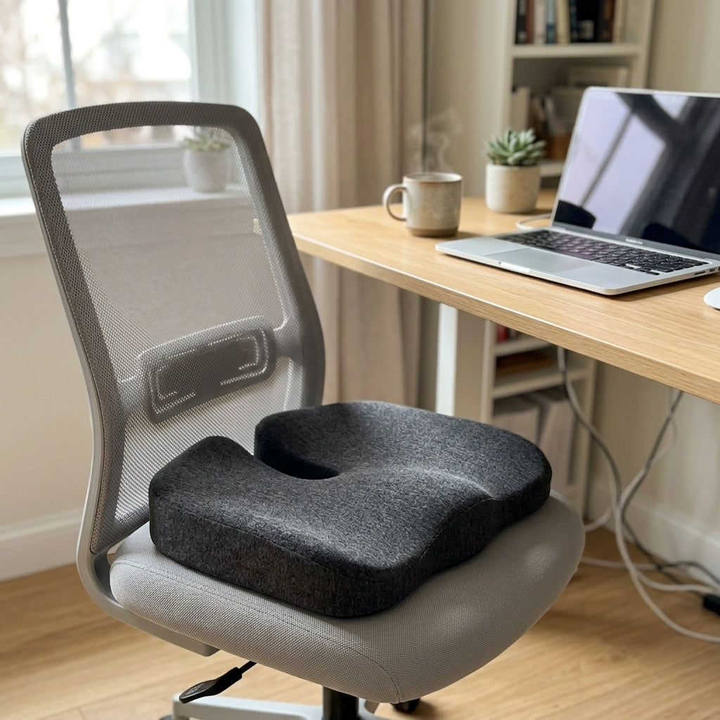 Dark gray tailbone cushion on a home office chair at a work-from-home desk with a laptop