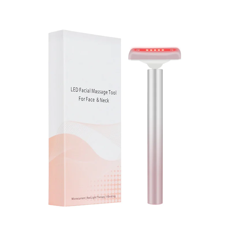 Red light therapy wand beside its LED Facial Massage Tool retail box