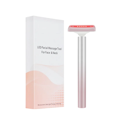 Red light therapy wand beside its LED Facial Massage Tool retail box