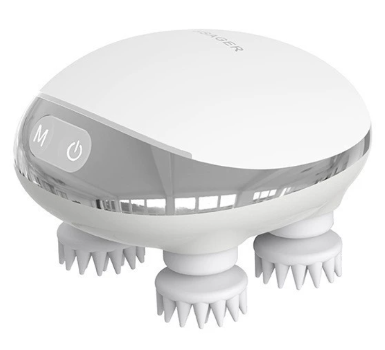 Electric scalp massager front view - deep kneading massage nodes with red light LEDs