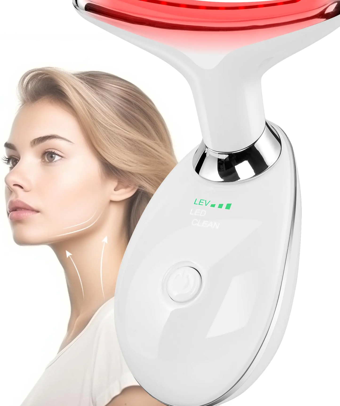 White red light therapy wand with a curved LED head glowing red, held at a woman's neck and jawline with upward glide arrows; her chest and décolleté visible.