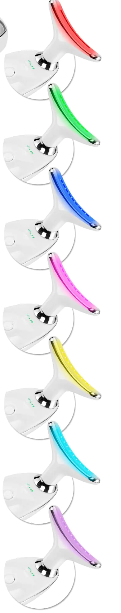 The wand's LED head shown in all seven light colors: red, green, blue, pink, yellow, cyan and purple.