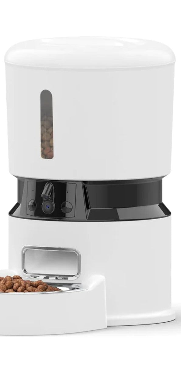 White automatic cat feeder with built-in camera lens and detachable 304 stainless-steel food bowl filled with kibble