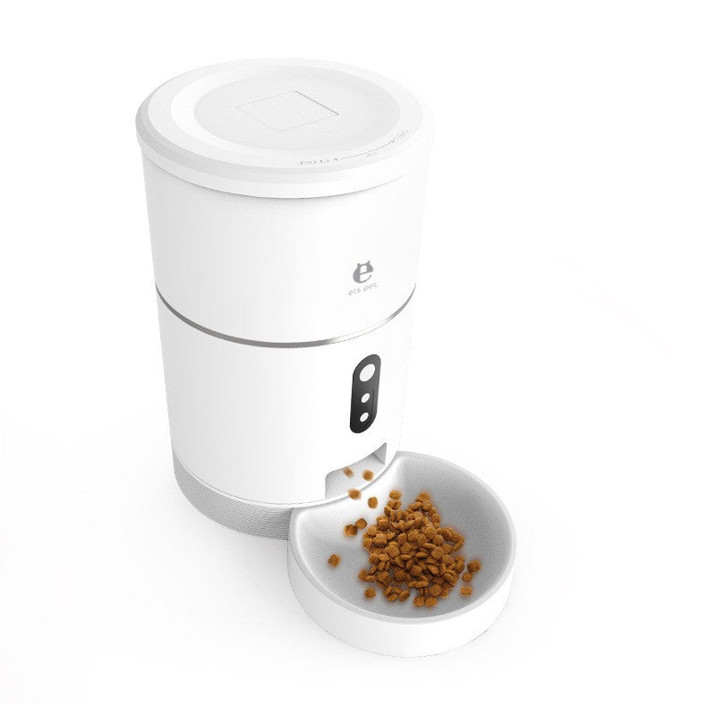 Automatic pet feeder with detachable bowl dispensing dry kibble, front camera lens visible