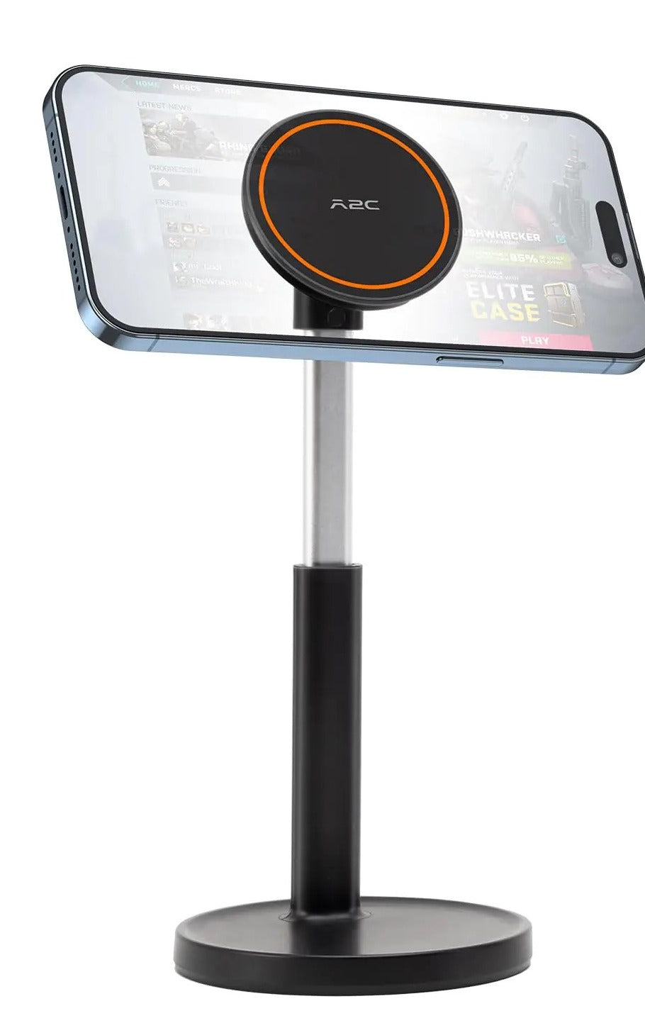 Black MagSafe phone stand holding an iPhone upright on a desk with the telescoping height rod extended