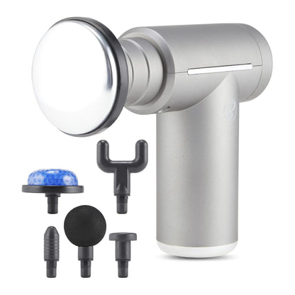 Silver massage gun with heat and cold therapy and six interchangeable heads on a white background