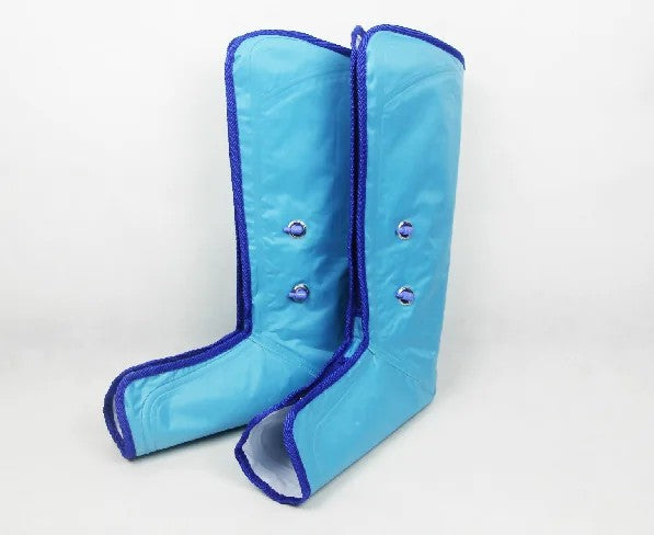 Blue full-leg air compression massager boots covering foot, calf and thigh, standing upright