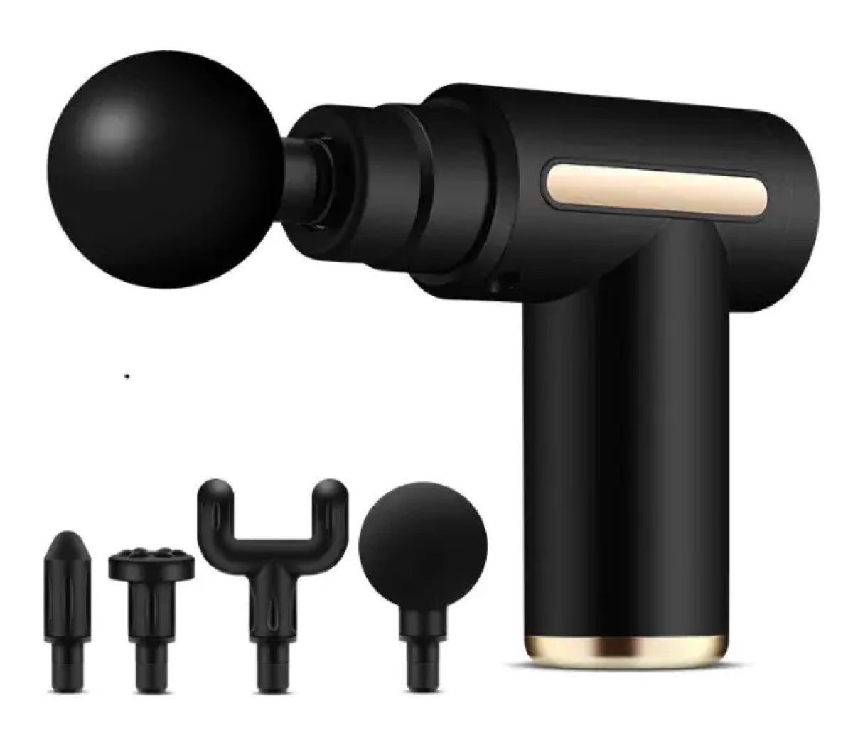 Black mini percussion massage gun with four interchangeable heads (ball, flat, bullet, and fork) on a white background — sized to fit a desk drawer.