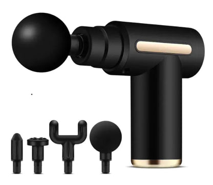 Black mini percussion massage gun with four interchangeable heads (ball, flat, bullet, and fork) on a white background — sized to fit a desk drawer.