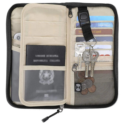 Family passport organizer open flat, showing five passport sleeves, six labeled card slots, a clear passport pocket, coin mesh, pen loop, keychain and a removable wrist strap — light khaki interior with black zip trim.
