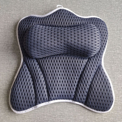 Front view of the butterfly-shaped bath pillow showing the raised cervical neck bolster and breathable honeycomb 4D air-mesh body.