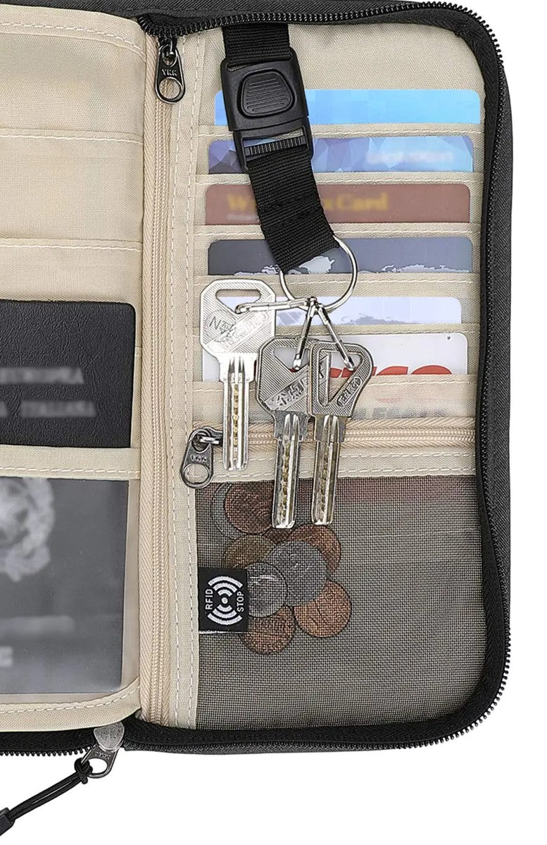 Close-up of the six card slots, removable black wrist strap with clip, keychain and RFID-blocking lining panel inside the family passport holder.