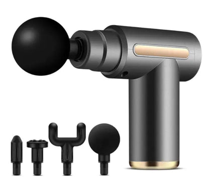 Graphite mini massage gun shown with its four attachment heads and gold accent base — compact handheld percussion device for neck and shoulders.