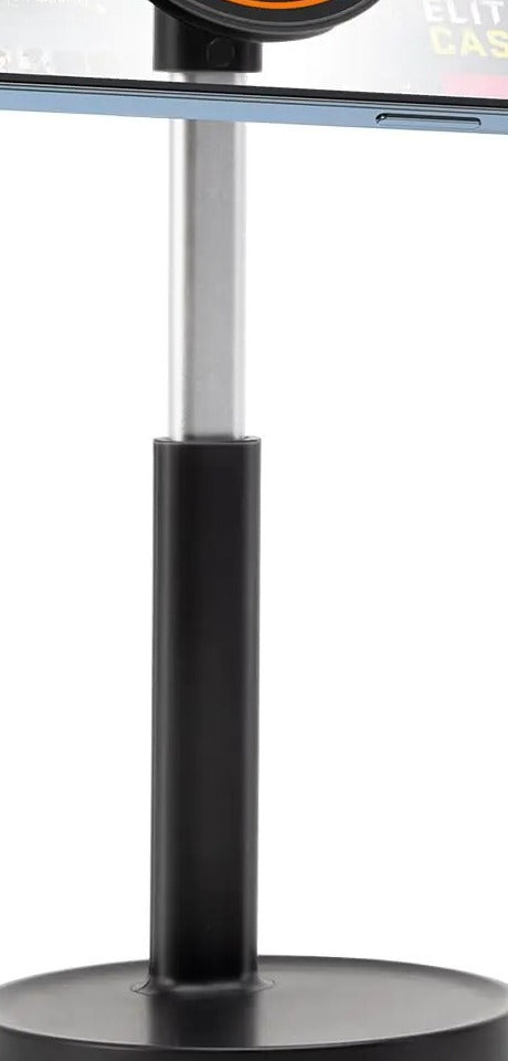 Close-up of the adjustable telescoping support rod that raises and lowers the phone stand's height