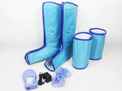 Air compression leg massager kit: two full-leg boots, two calf cuffs, handheld controller, power adapter and air tubing