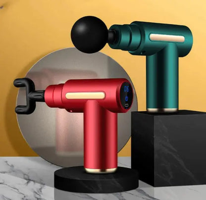 Red and green mini massage guns showing the built-in digital display and side LED strip — also available in black and graphite.