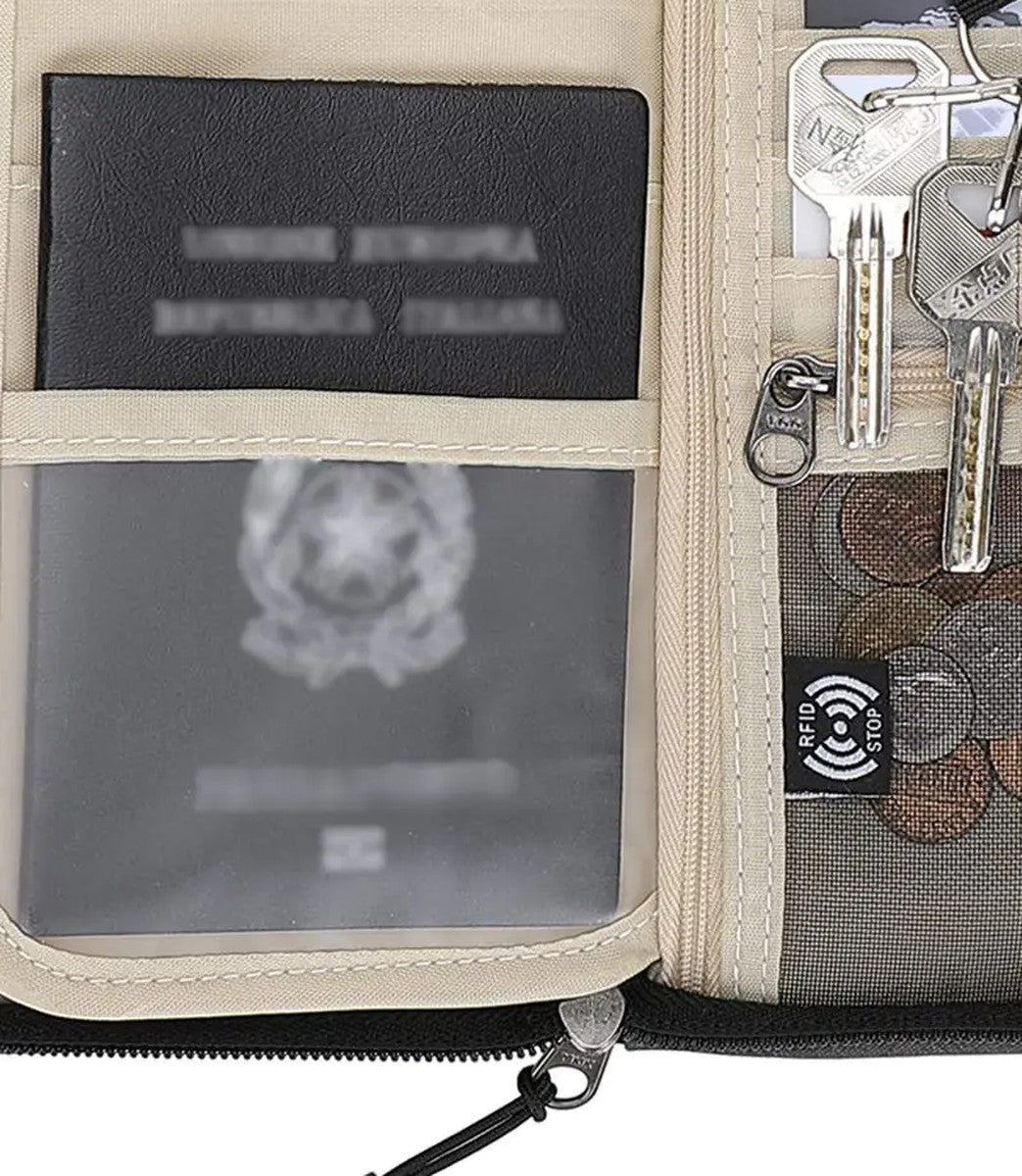 Detail of a passport held in the clear front pocket next to the RFID-blocking (13.56 MHz) lining panel, coin mesh and metal zippers of the travel wallet.