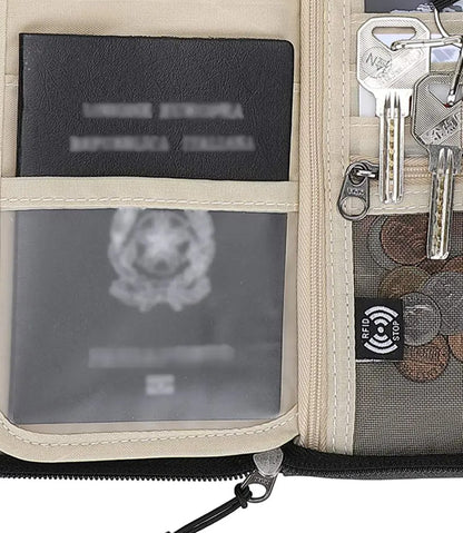 Detail of a passport held in the clear front pocket next to the RFID-blocking (13.56 MHz) lining panel, coin mesh and metal zippers of the travel wallet.